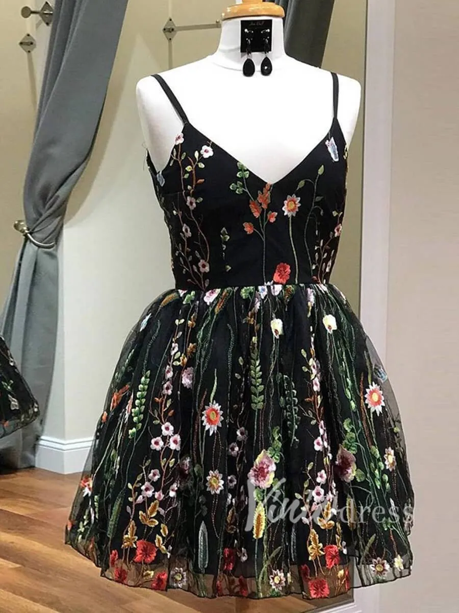 Black Floral Homecoming Dresses Spaghetti Strap SD1082