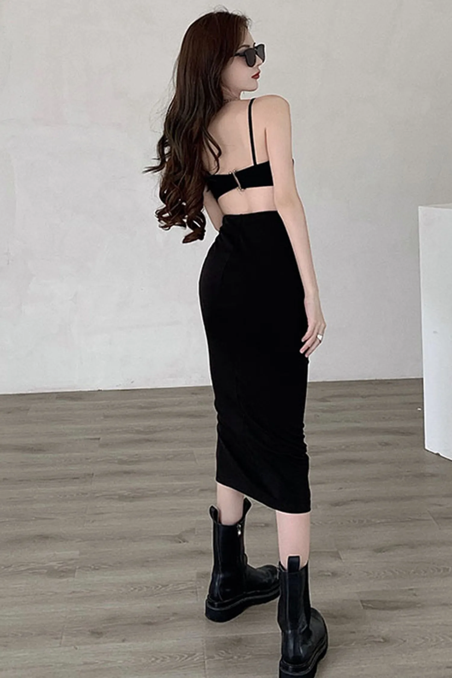 Black High Waisted Split Safety Pin Midi Skirt