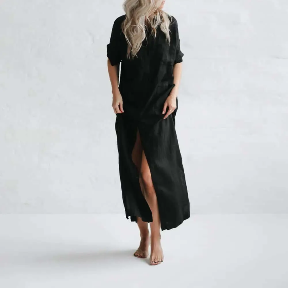 Black Maxi Linen Shirt-Dresses by Seaside Tones