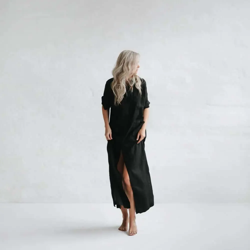 Black Maxi Linen Shirt-Dresses by Seaside Tones