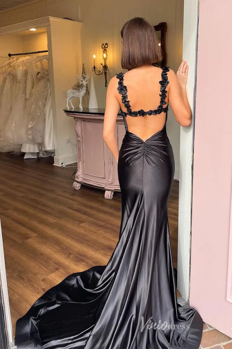 Black Mermaid Satin Prom Dresses with Slit Lace Applique Strap FD4040