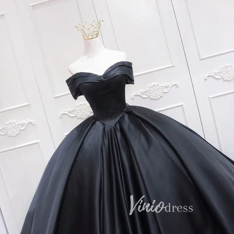 Black Satin Quinceanera Dresses Off the Shoulder Prom Ball Gown FD3457