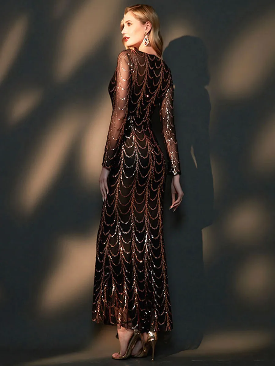 Black Sequin Long Sleeves Boat Neck Floor Length Mermaid Evening Gown