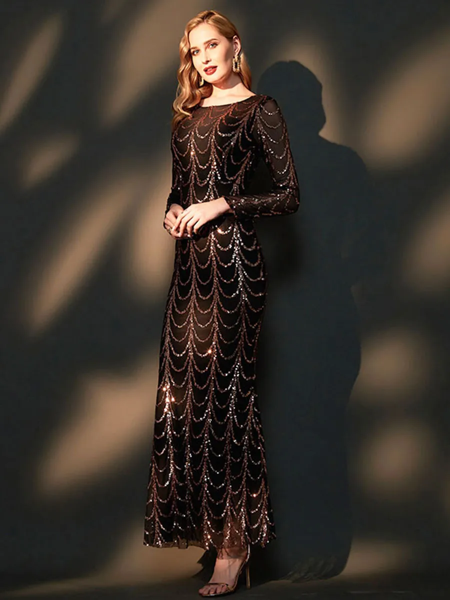 Black Sequin Long Sleeves Boat Neck Floor Length Mermaid Evening Gown