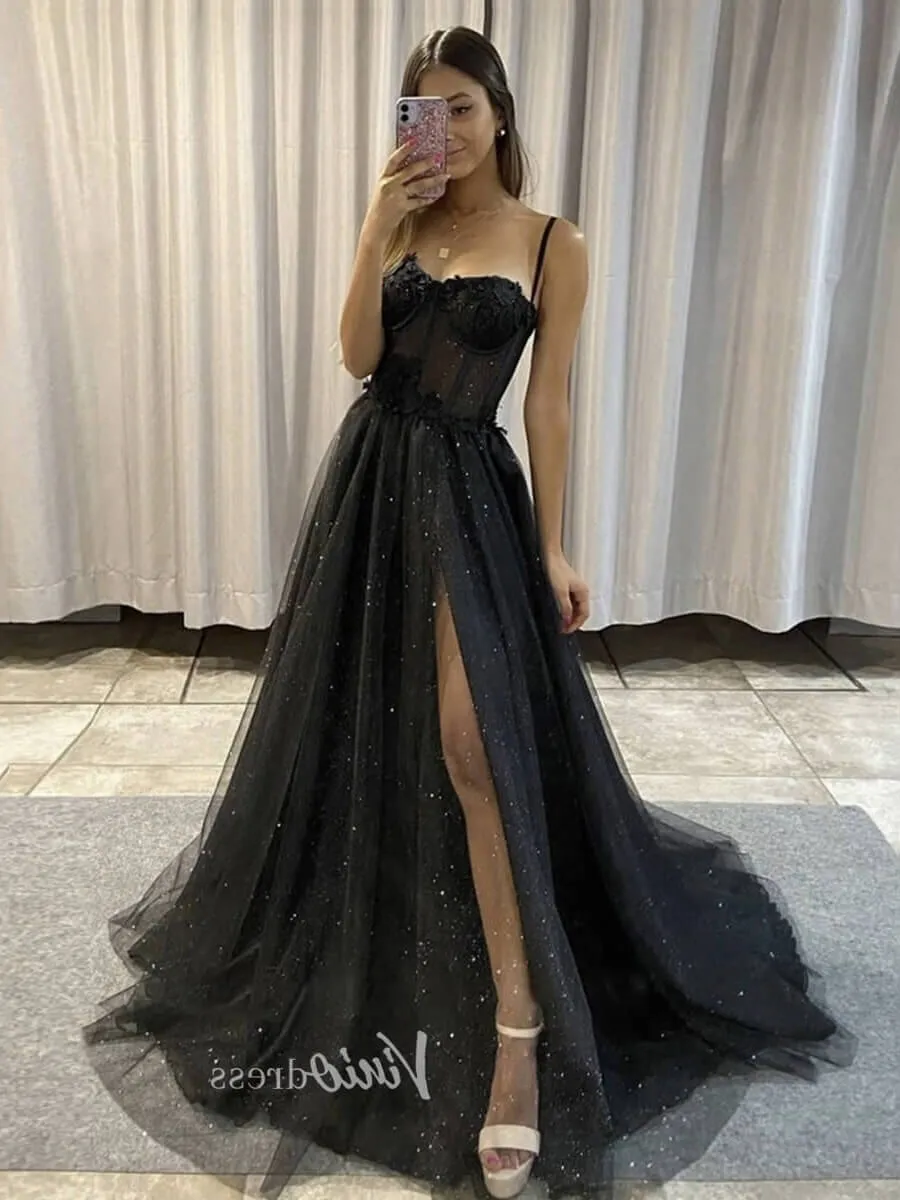 Black Spaghetti Strap Prom Dresses With Slit Sparkly Tulle Evening Dress FD3105