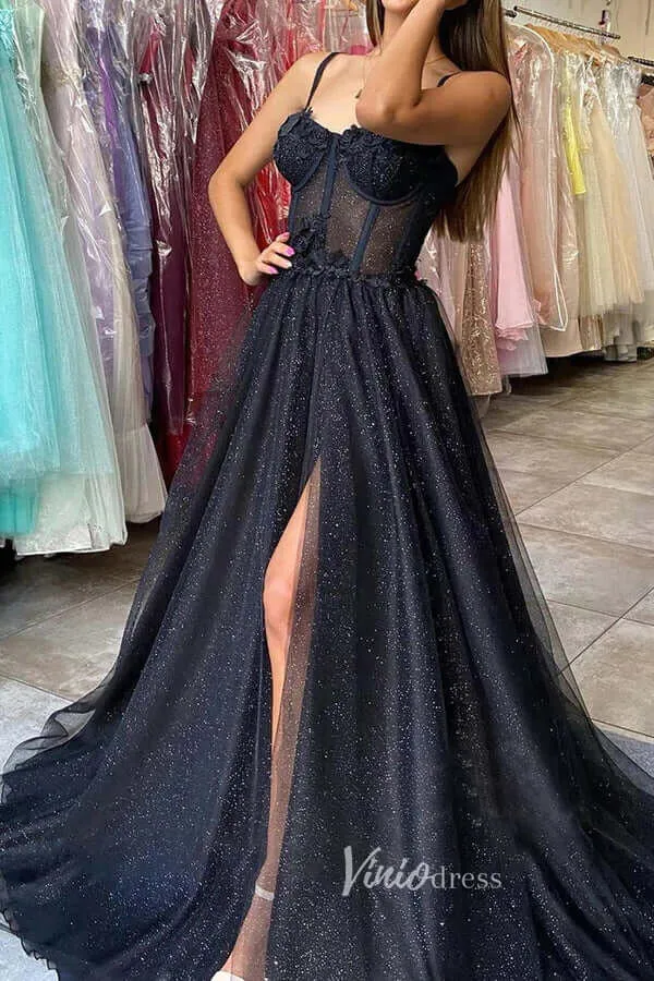 Black Spaghetti Strap Prom Dresses With Slit Sparkly Tulle Evening Dress FD3105