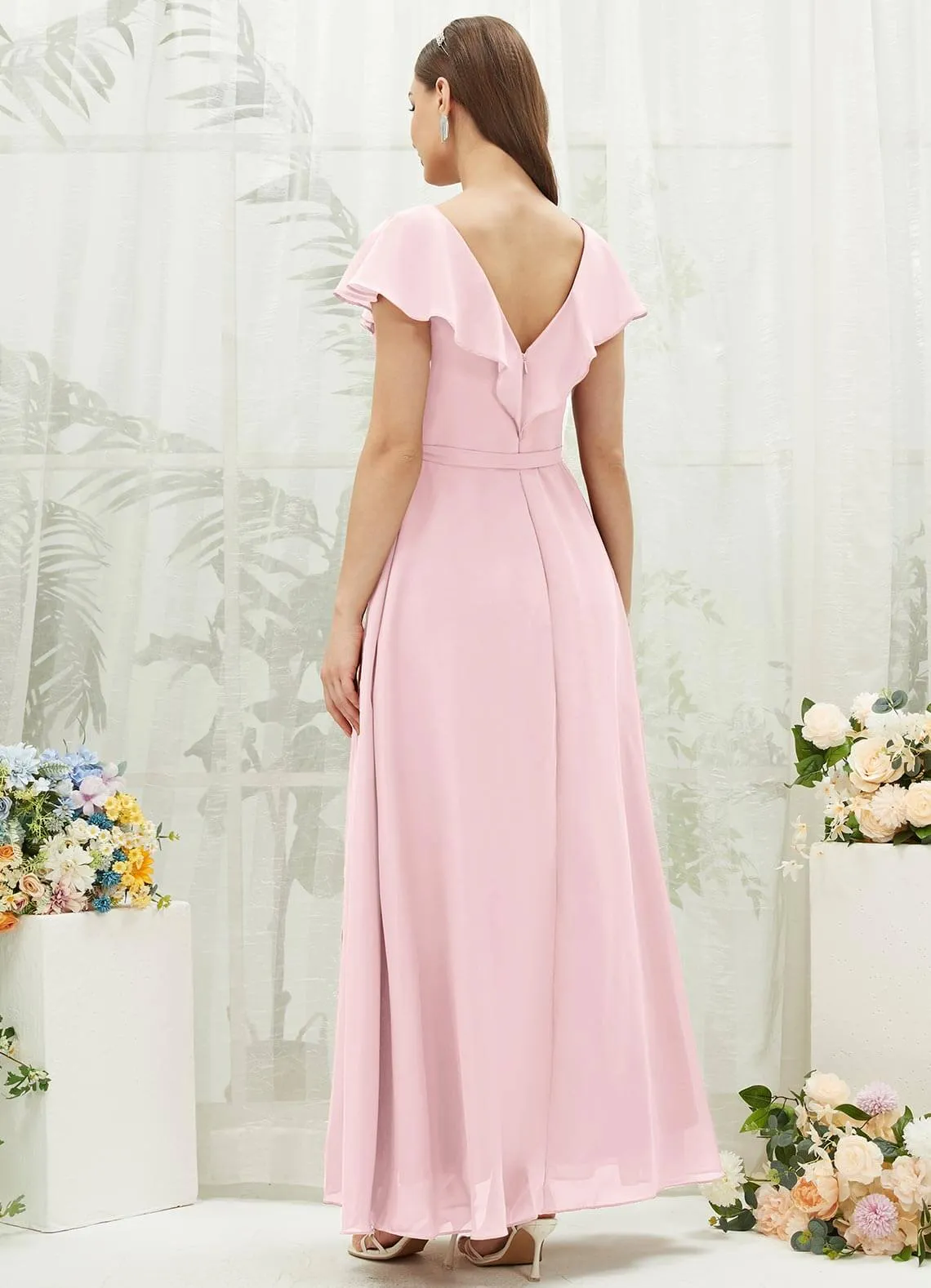 Blush Chiffon Ruffle Sleeve V-Neck Slit Maxi Bridesmaid Dress