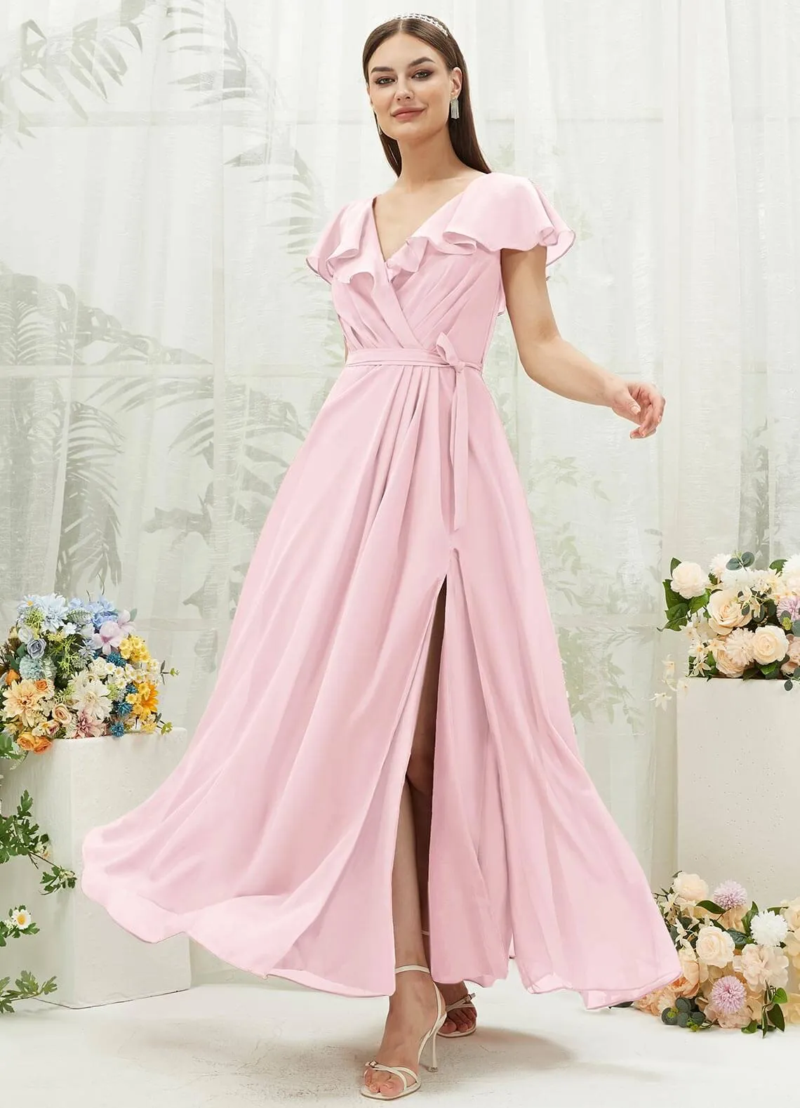 Blush Chiffon Ruffle Sleeve V-Neck Slit Maxi Bridesmaid Dress