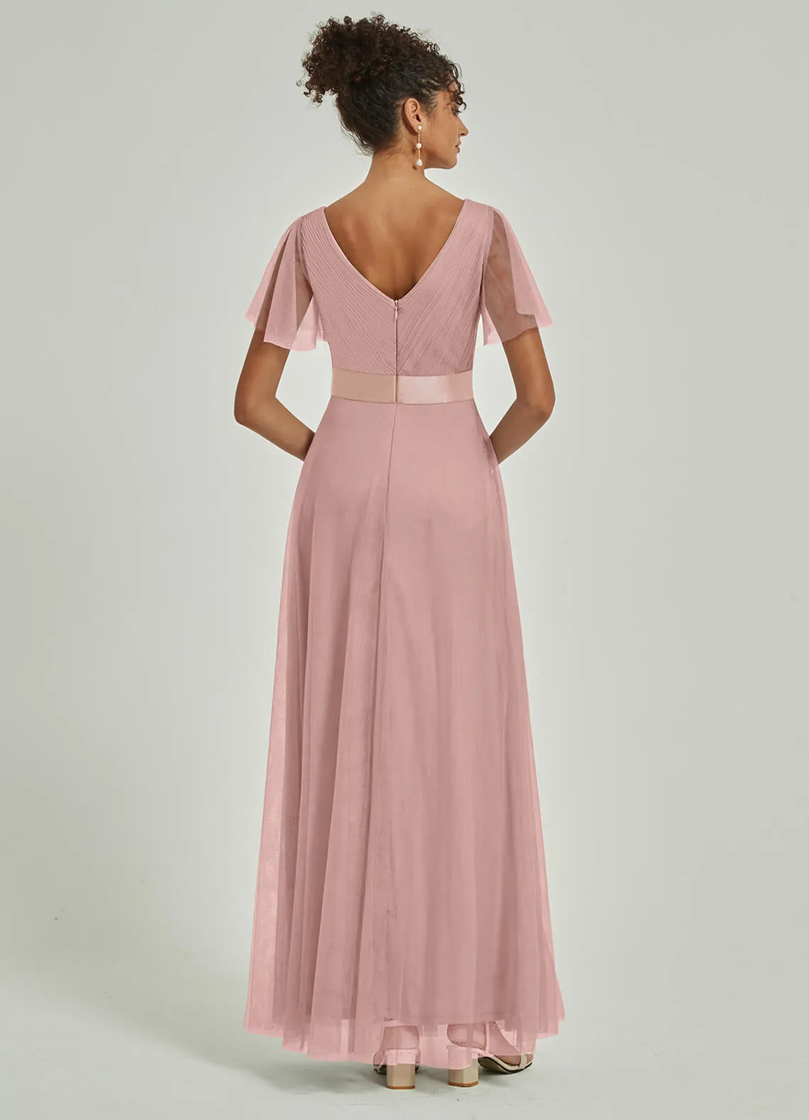 Blush Tulle V-Neck Ruffle Sleeves Floor Length Bridesmaid Gown