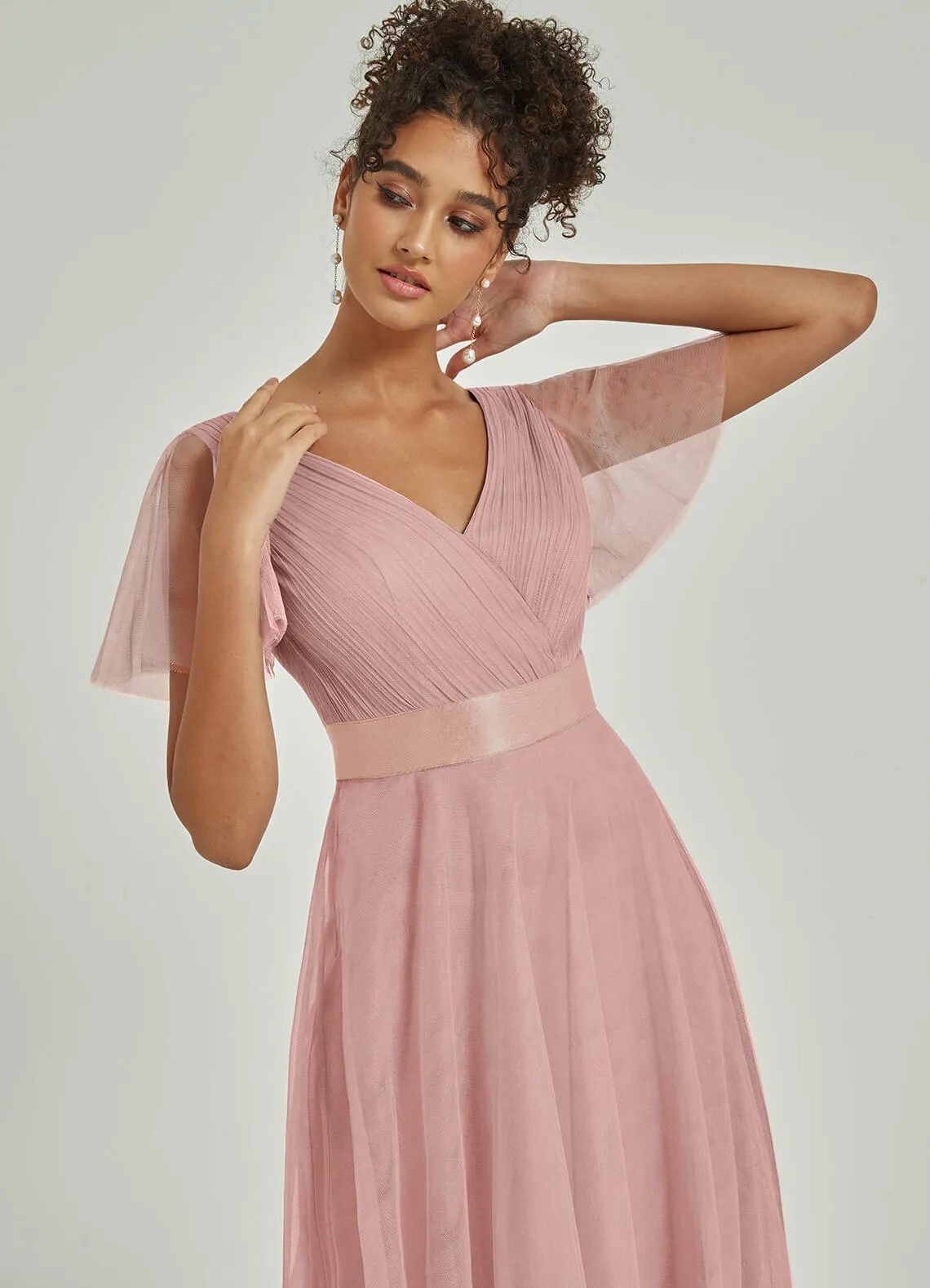 Blush Tulle V-Neck Ruffle Sleeves Floor Length Bridesmaid Gown