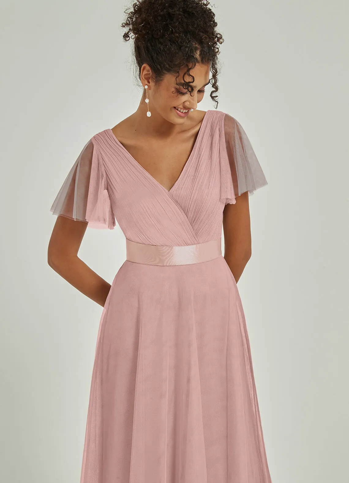 Blush Tulle V-Neck Ruffle Sleeves Floor Length Bridesmaid Gown