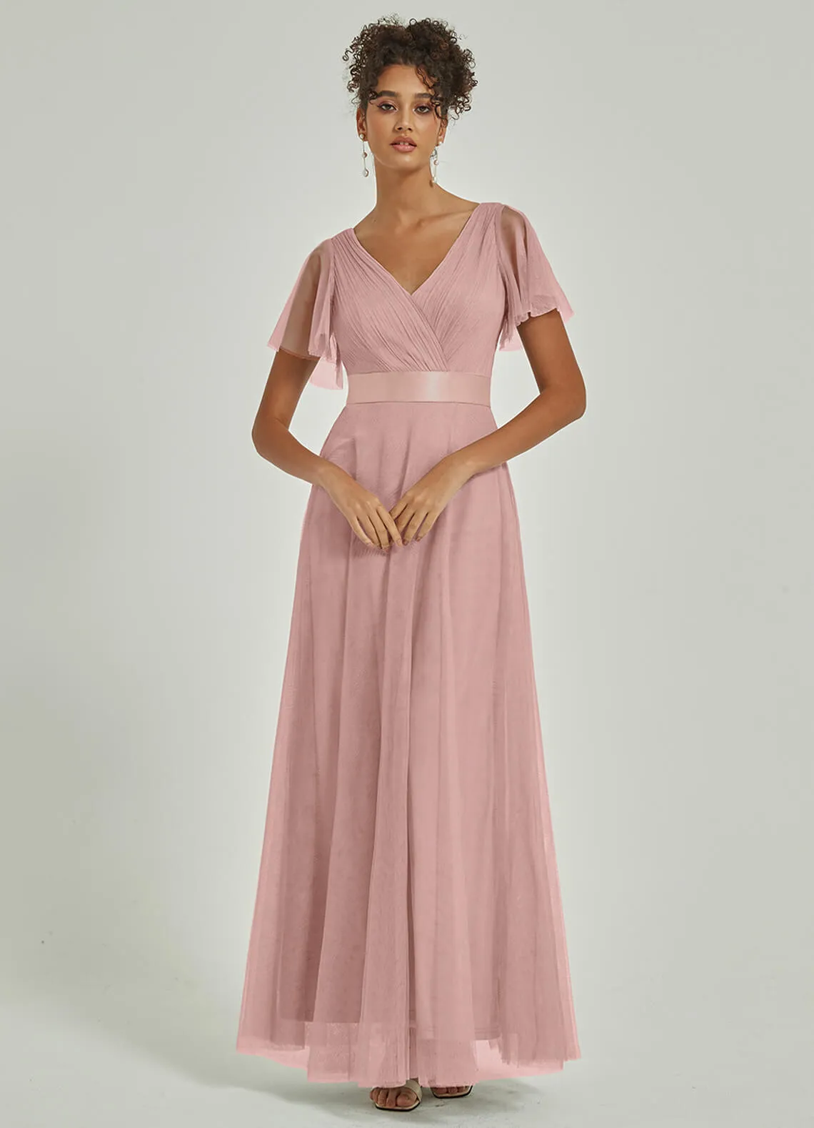 Blush Tulle V-Neck Ruffle Sleeves Floor Length Bridesmaid Gown