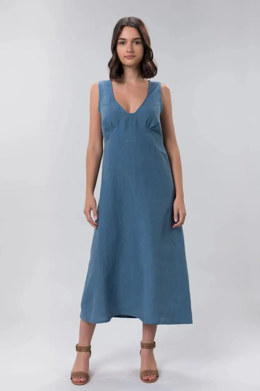 Bonnie Long Linen Dress In Sky by Wilga Clothing