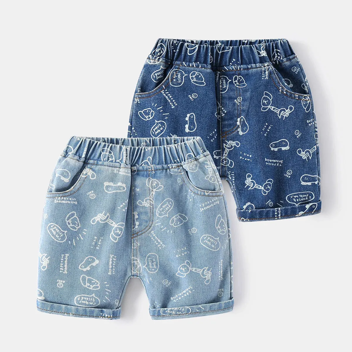 Boys Cartoon Denim Knee Length Swim Trunks