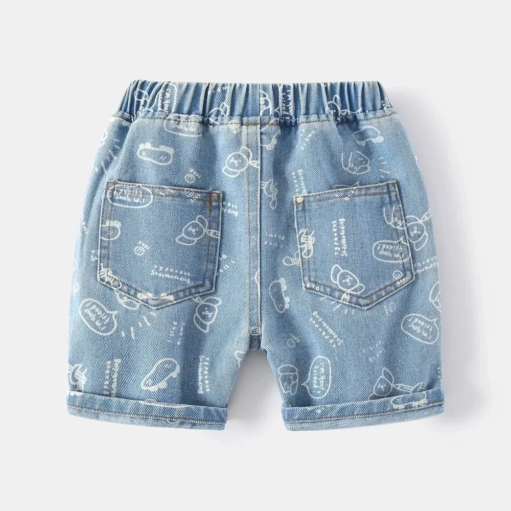 Boys Cartoon Denim Knee Length Swim Trunks