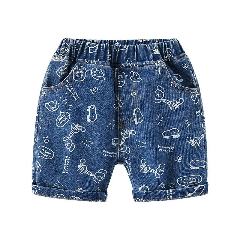 Boys Cartoon Denim Knee Length Swim Trunks