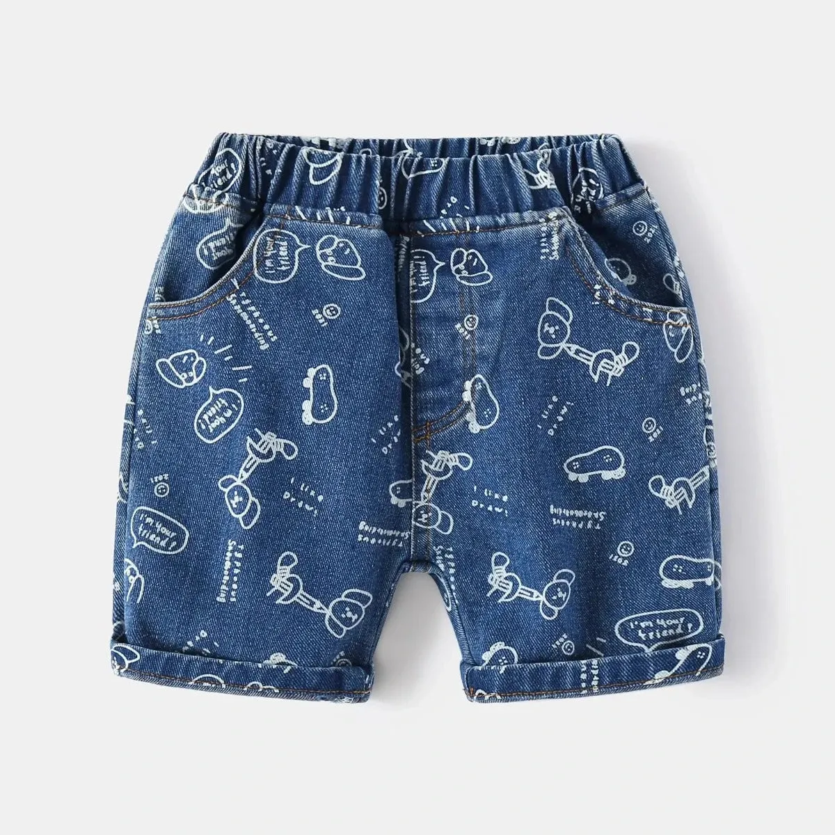 Boys Cartoon Denim Knee Length Swim Trunks