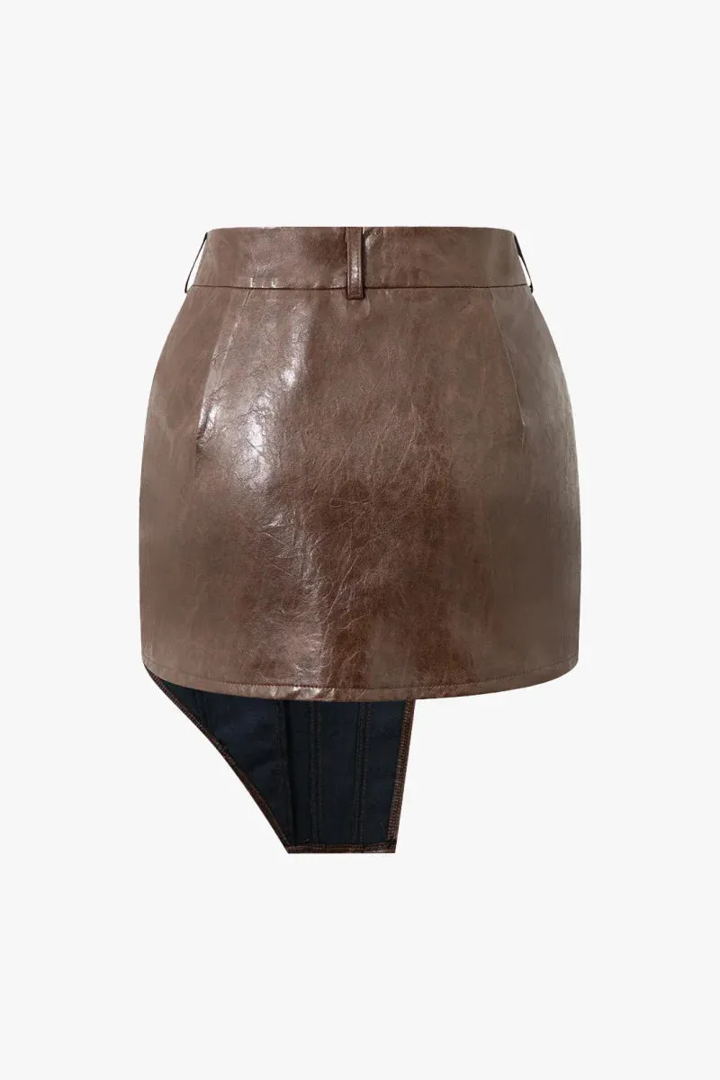 Brown Asymmetrical Leather Mini Skirt