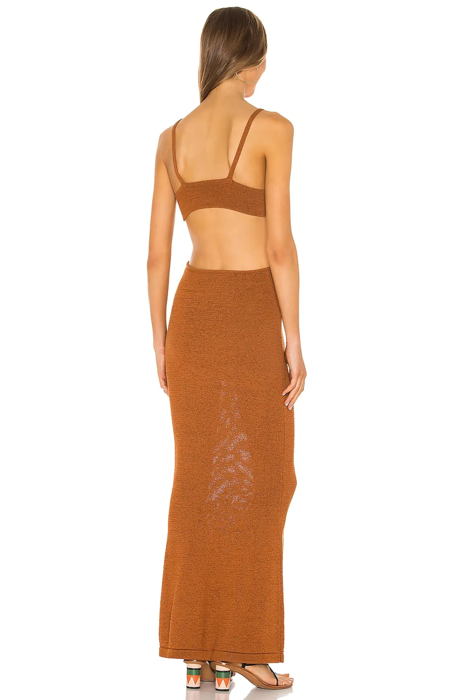 Brown Front Tie Cut Out Backless Knitted Maxi Dress