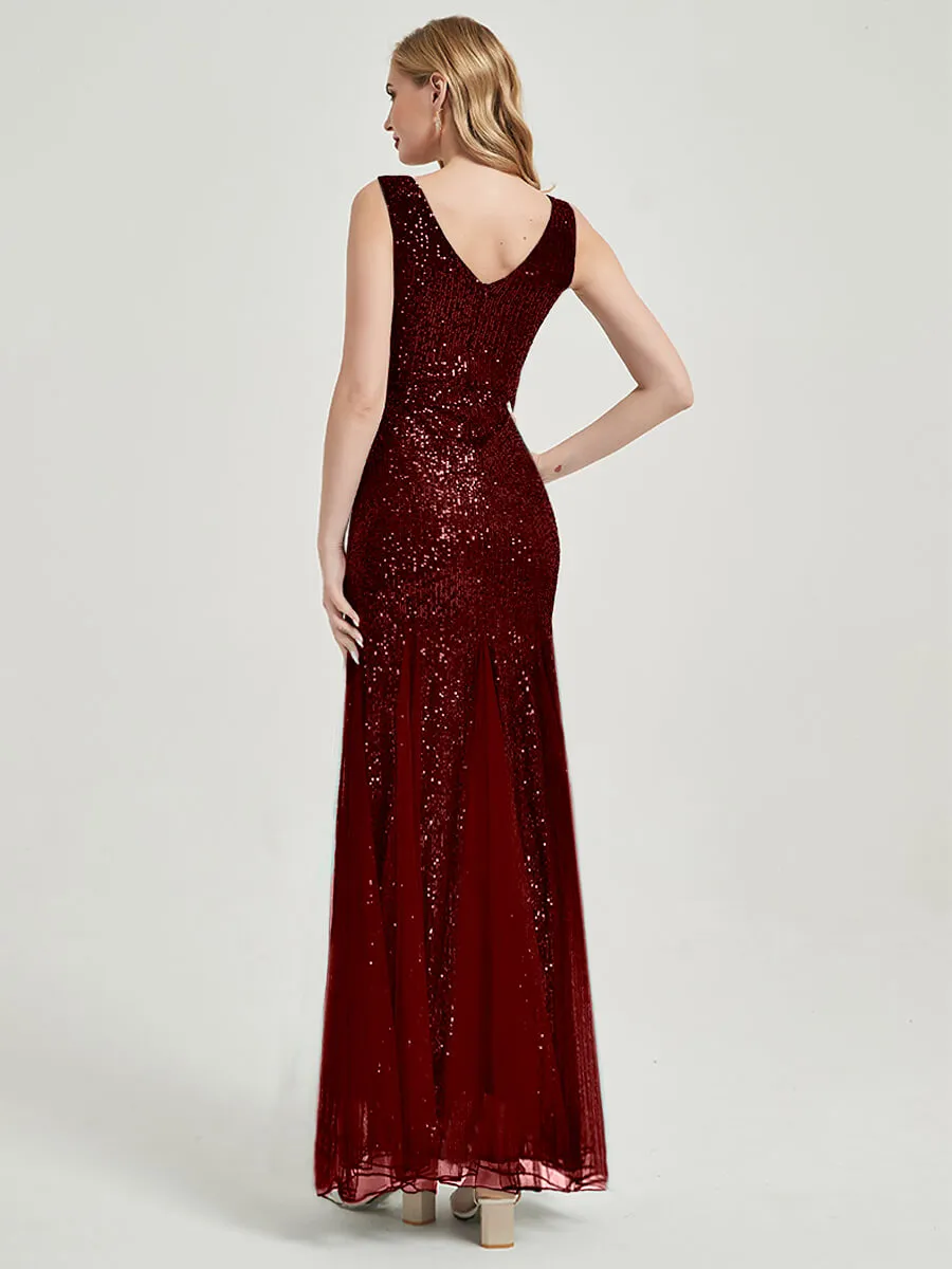 Burgundy Sequin Tulle V-Neck Sleeveless Maxi Mermaid Evening Dress