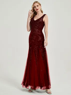 Burgundy Sequin Tulle V-Neck Sleeveless Maxi Mermaid Evening Dress