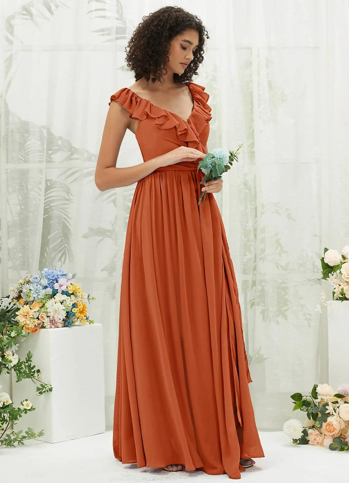 Burnt Orange Chiffon Ruffle Cross Straps V-Neck Wrap Bridesmaid Dress