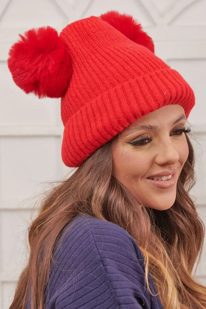 Cable Knit Beanie Double Pom Pom Acrylic Hat