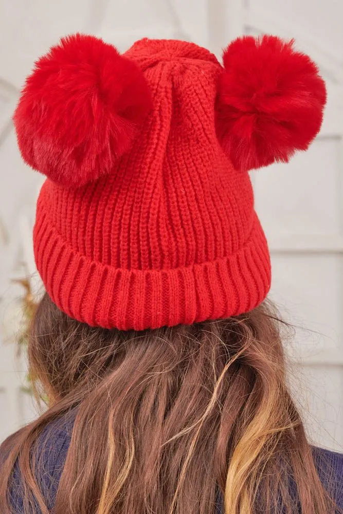 Cable Knit Beanie Double Pom Pom Acrylic Hat