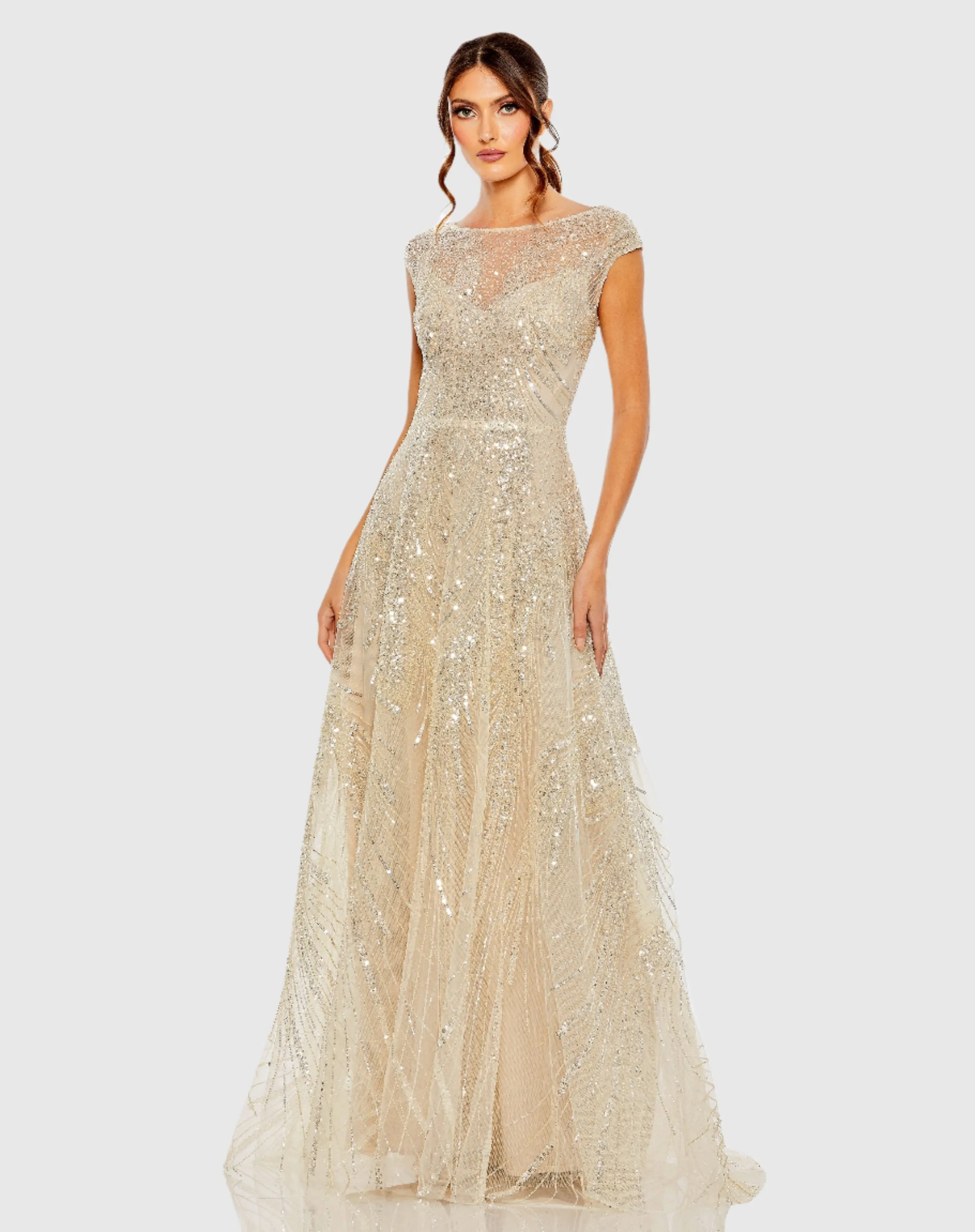 Cap Sleeve High Neck Embellished A Line Gown