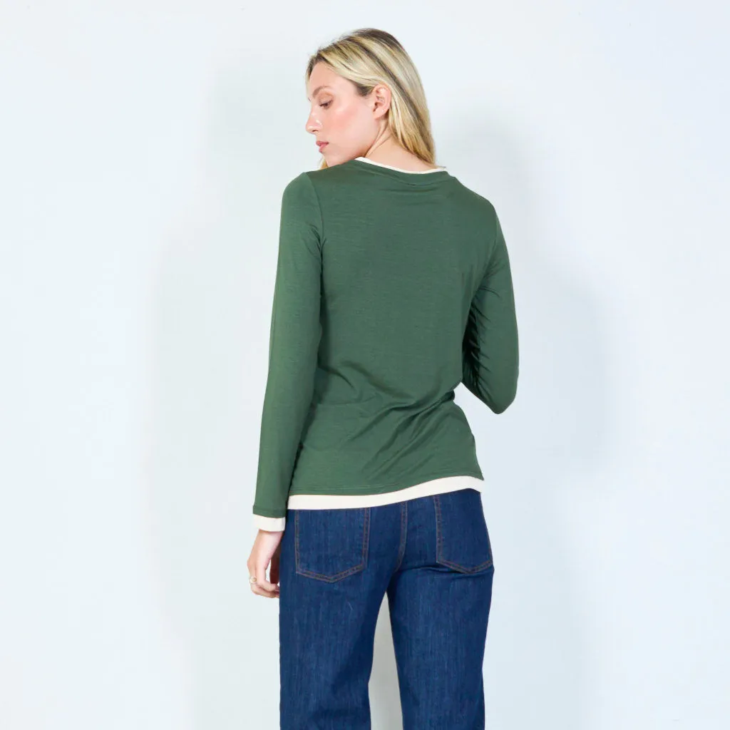 Casual long-sleeve top with contrast trim wholesale