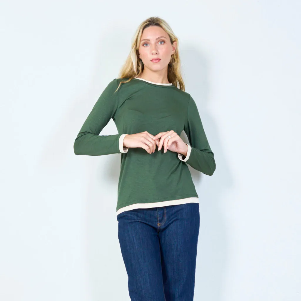 Casual long-sleeve top with contrast trim wholesale