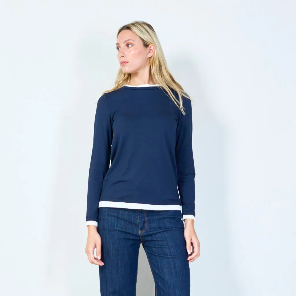 Casual long-sleeve top with contrast trim wholesale