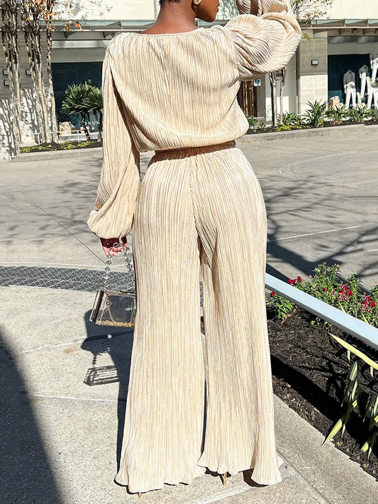 Casual Solid Pleated Set