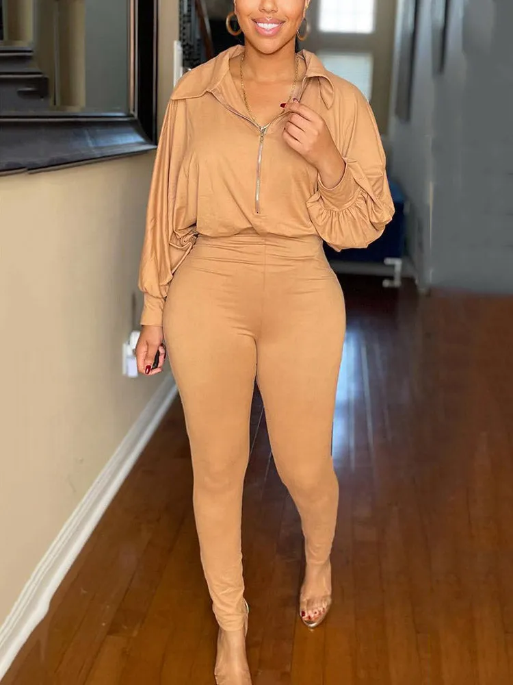 Casual Solid Zipper Jumpsuit