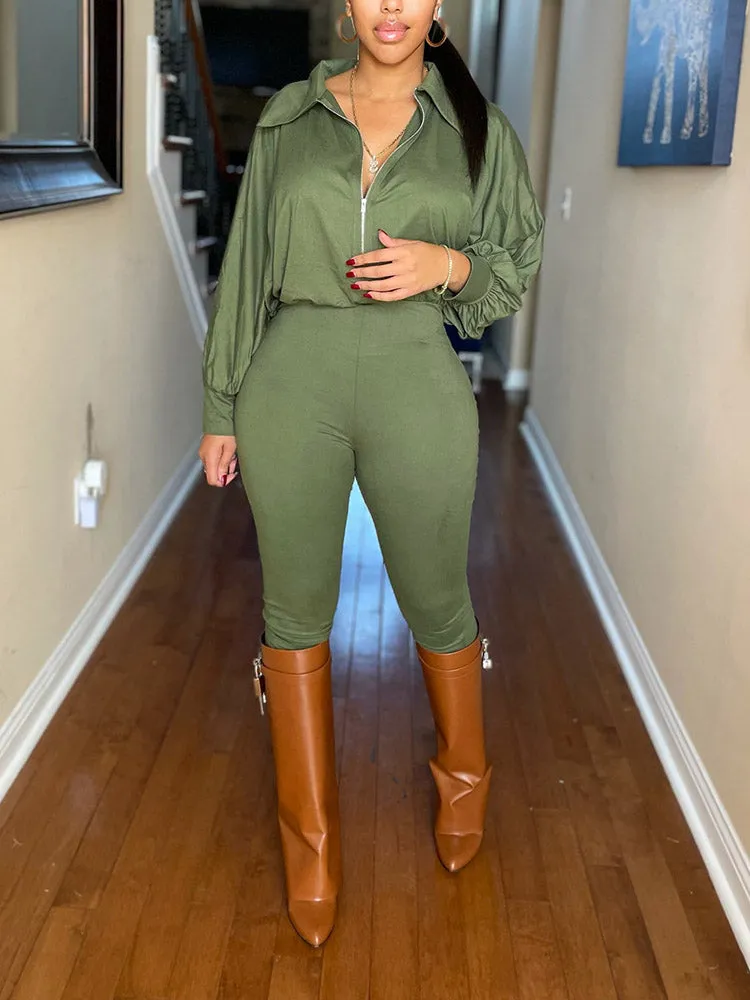 Casual Solid Zipper Jumpsuit