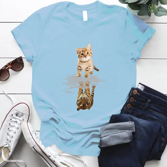 Cat&tiger Print Aesthetic Graphic T Shirts Summer Clothes Tops for Ladies Short Sleeve Around Neck Plus Size 5xl Woman Tshirts