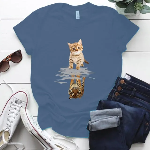 Cat&tiger Print Aesthetic Graphic T Shirts Summer Clothes Tops for Ladies Short Sleeve Around Neck Plus Size 5xl Woman Tshirts