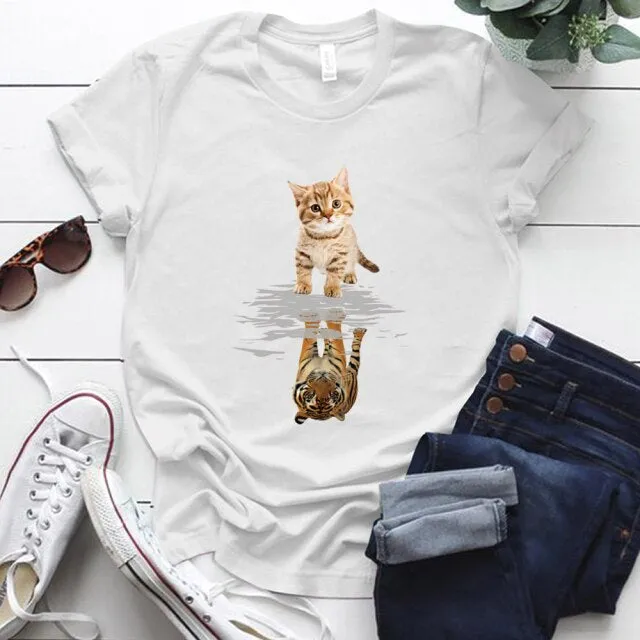 Cat&tiger Print Aesthetic Graphic T Shirts Summer Clothes Tops for Ladies Short Sleeve Around Neck Plus Size 5xl Woman Tshirts