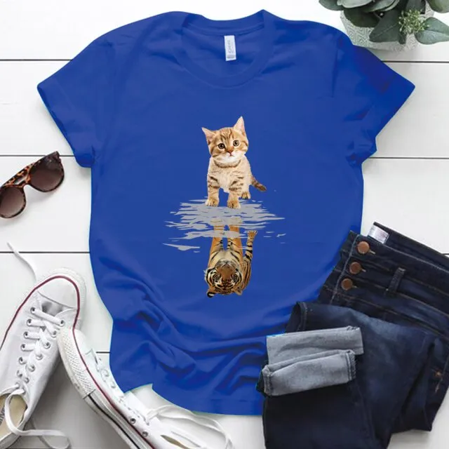 Cat&tiger Print Aesthetic Graphic T Shirts Summer Clothes Tops for Ladies Short Sleeve Around Neck Plus Size 5xl Woman Tshirts