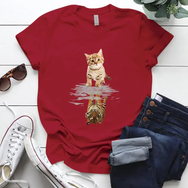 Cat&tiger Print Aesthetic Graphic T Shirts Summer Clothes Tops for Ladies Short Sleeve Around Neck Plus Size 5xl Woman Tshirts