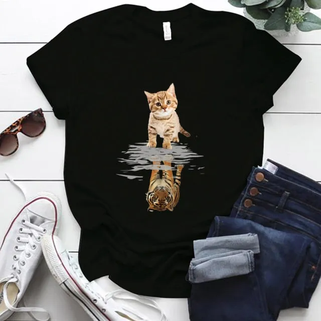 Cat&tiger Print Aesthetic Graphic T Shirts Summer Clothes Tops for Ladies Short Sleeve Around Neck Plus Size 5xl Woman Tshirts