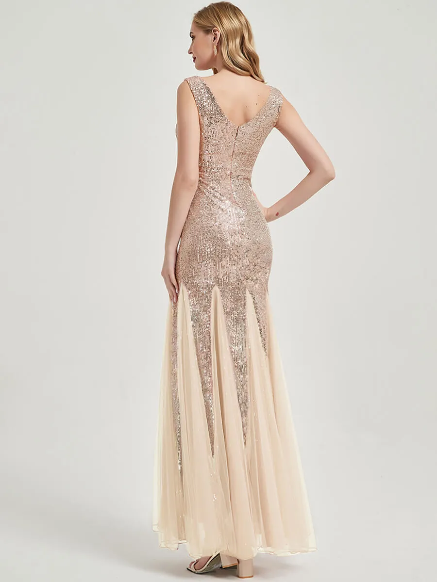 Champagne Gold Sequin Tulle V-Neck Sleeveless Mermaid Evening Dress