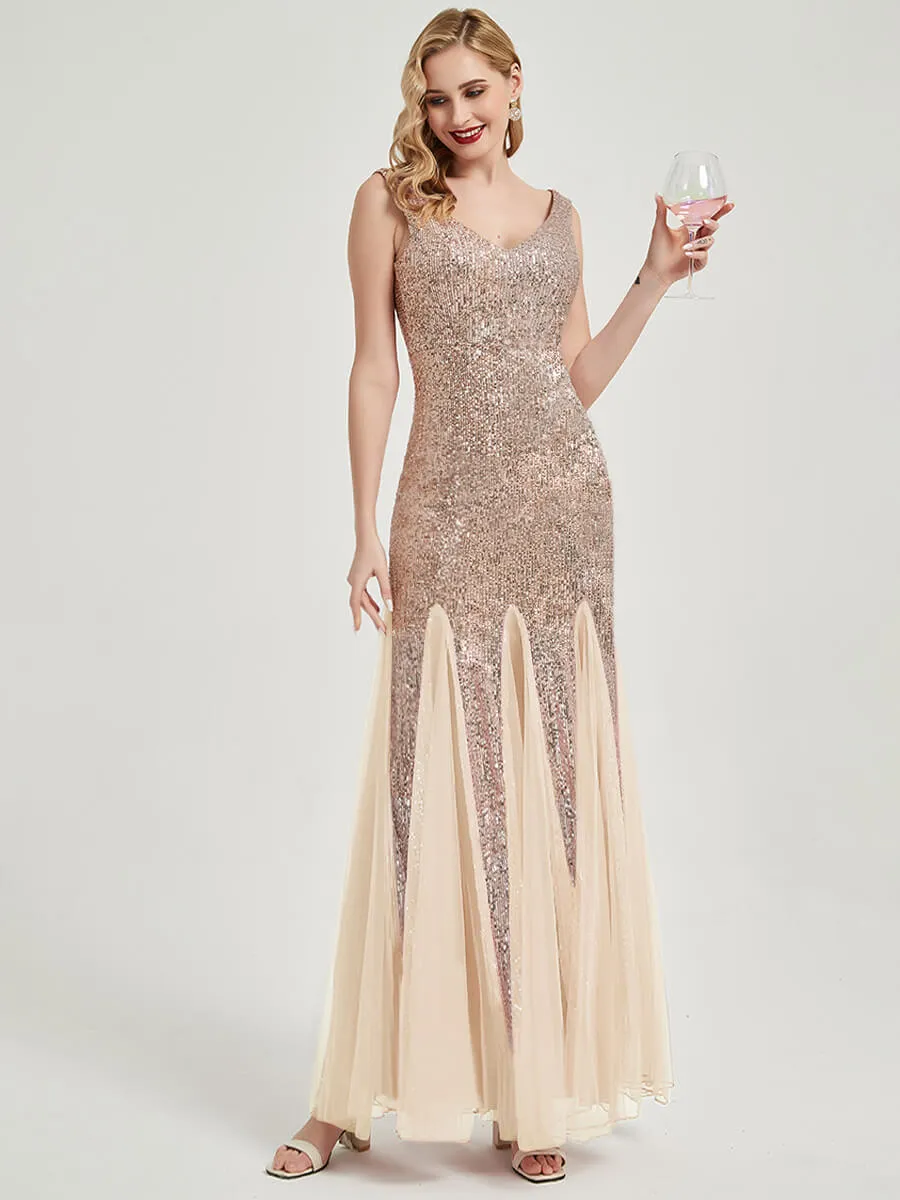 Champagne Gold Sequin Tulle V-Neck Sleeveless Mermaid Evening Dress