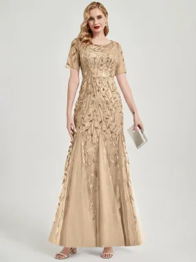 Champagne Sheer Sleeves Floor Length Sequin Tulle Mermaid Formal Dress