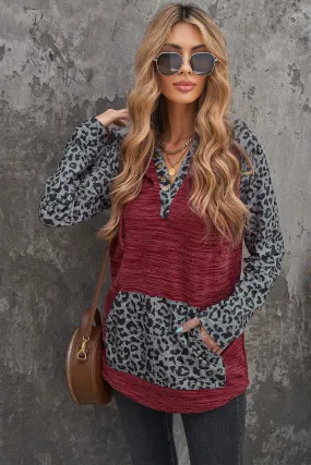 Color Block Leopard Hoodies for Women Long Sleeves Hooded Sweatshirt