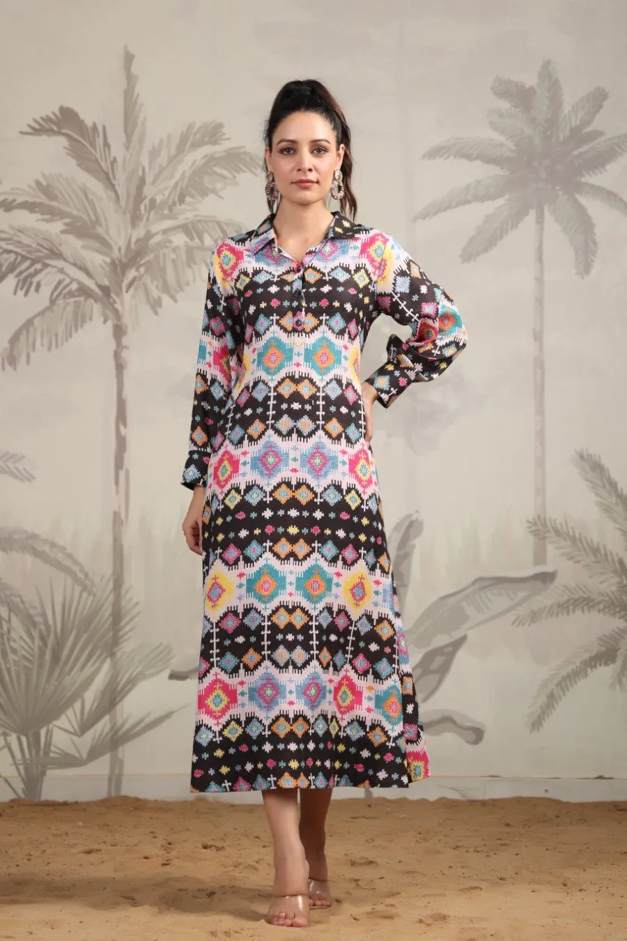 Coloufull Ikat Printed Malai Cotton A-Line Dress