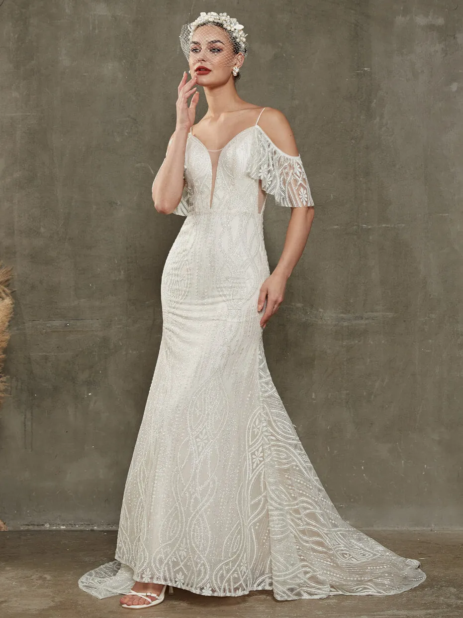 Convertible Off-Shoulder Sparkling Mermaid Wedding Dress With Train