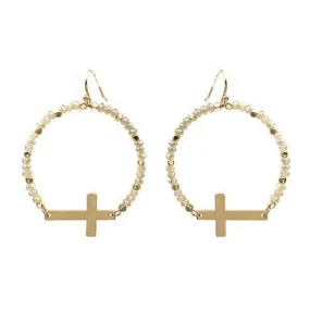 Crystal and Gold Cross Hoop Earrings - Natural