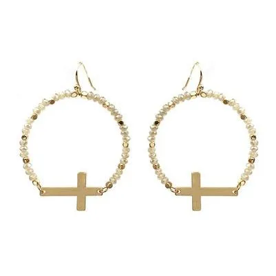 Crystal and Gold Cross Hoop Earrings - Natural