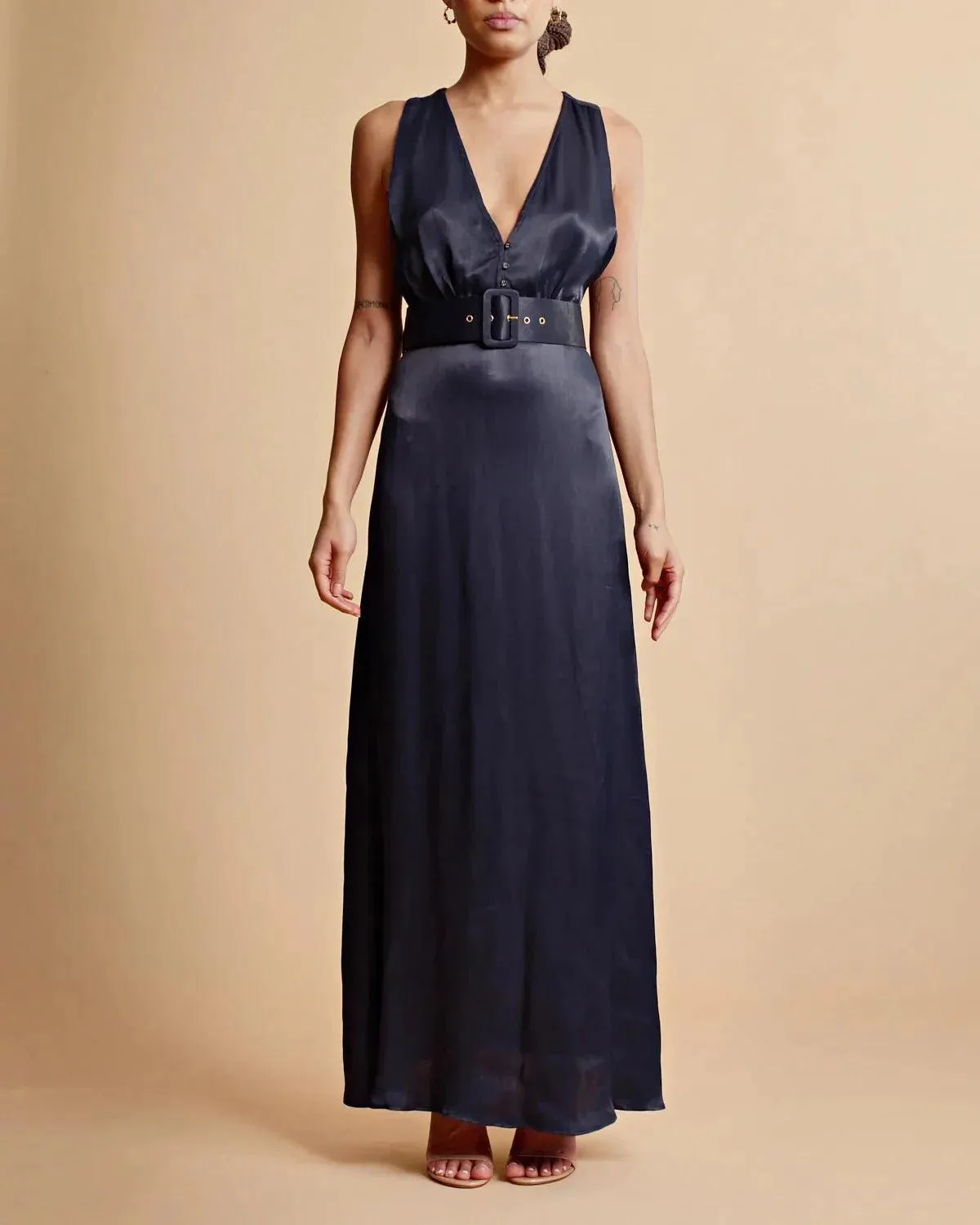 Crèpe satin Sleeveless Dress Navy